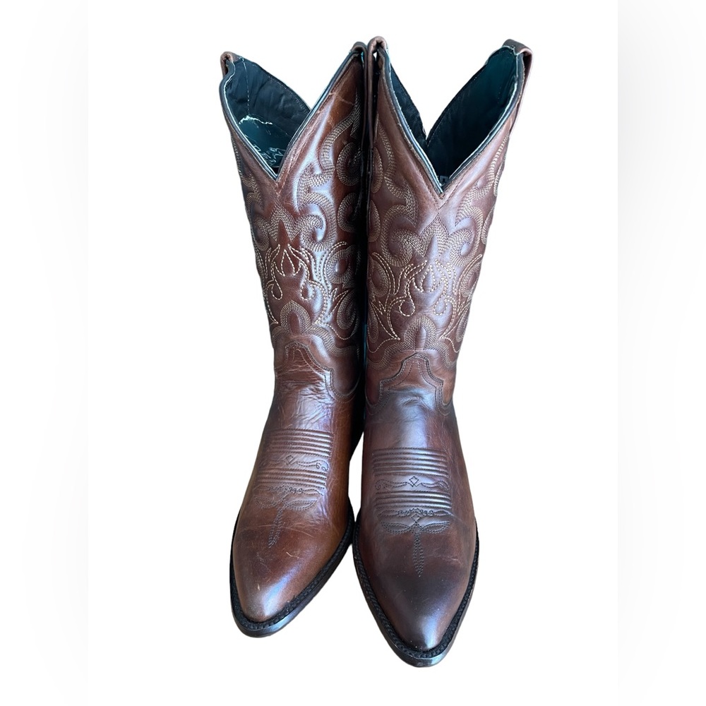 Mens Dark Brown Cowboy Style Narrow Round Toe Boots